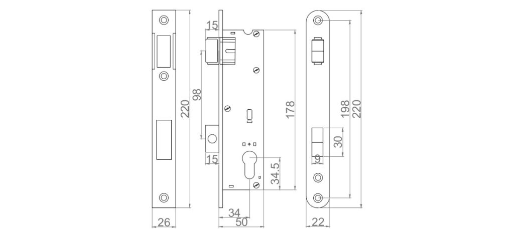 Rysunek techniczny: Zamek rolkowo - zasuwkowy